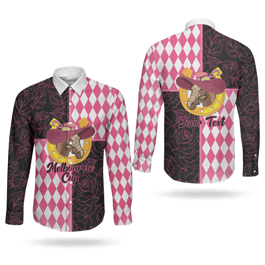 Personalised Melbourne Cup Australia Couples Matching Summer Maxi Dress and Long Sleeve Button Shirt Diamond Horse Racing Silks Inspired Pink