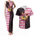 Personalised Melbourne Cup Australia Couples Matching Tank Maxi Dress and Hawaiian Shirt Diamond Horse Racing Silks Inspired Pink
