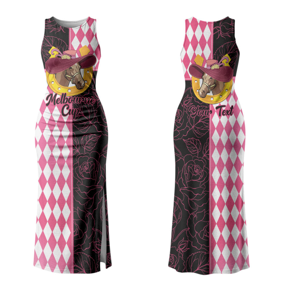 Personalised Melbourne Cup Australia Couples Matching Tank Maxi Dress and Hawaiian Shirt Diamond Horse Racing Silks Inspired Pink