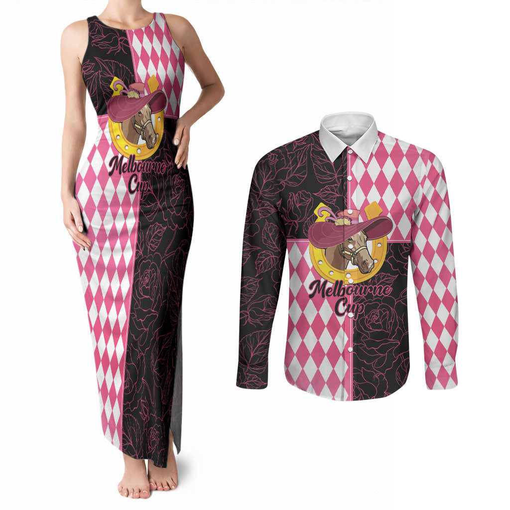 Personalised Melbourne Cup Australia Couples Matching Tank Maxi Dress and Long Sleeve Button Shirt Diamond Horse Racing Silks Inspired Pink