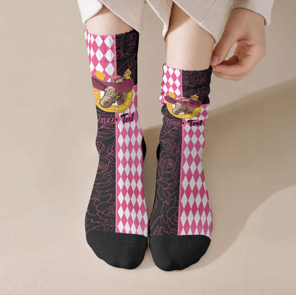 Personalised Melbourne Cup Australia Crew Socks Diamond Horse Racing Silks Inspired Pink
