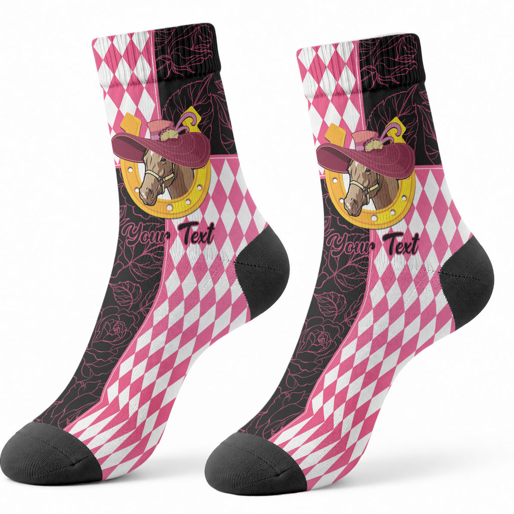 Personalised Melbourne Cup Australia Crew Socks Diamond Horse Racing Silks Inspired Pink