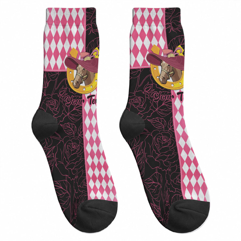 Personalised Melbourne Cup Australia Crew Socks Diamond Horse Racing Silks Inspired Pink