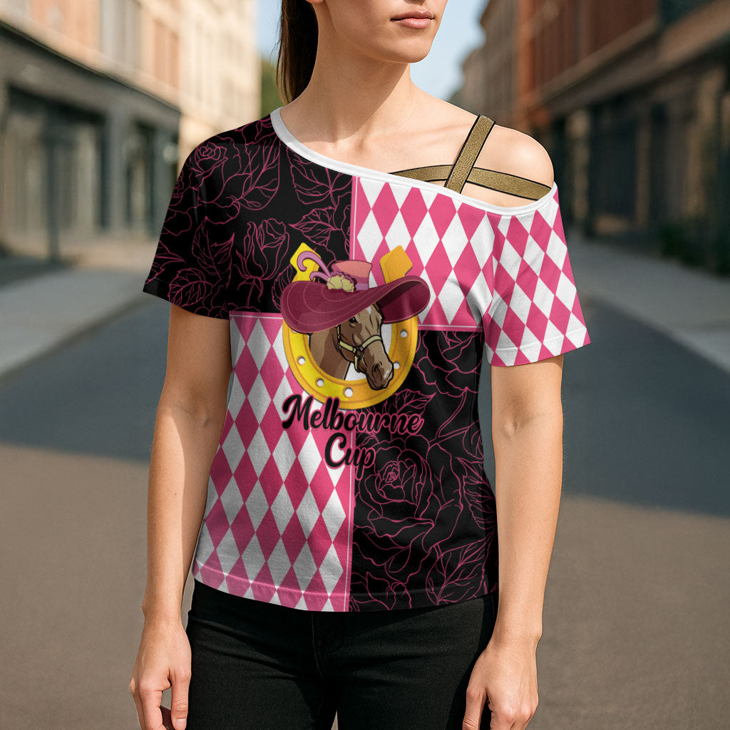 Personalised Melbourne Cup Australia Cross Shoulder Shirt Diamond Horse Racing Silks Inspired Pink