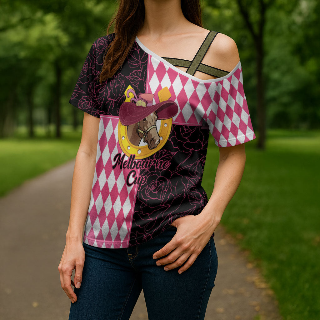 Personalised Melbourne Cup Australia Cross Shoulder Shirt Diamond Horse Racing Silks Inspired Pink