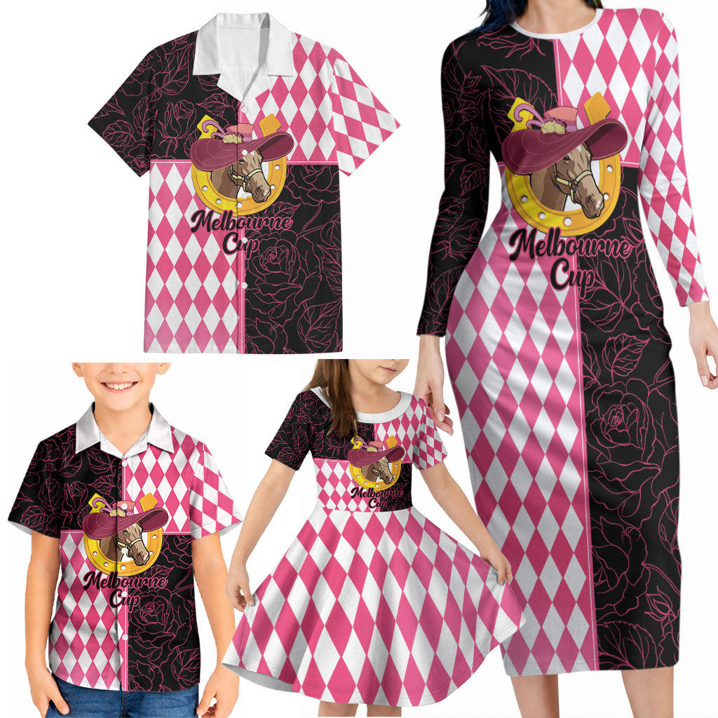 Personalised Melbourne Cup Australia Family Matching Long Sleeve Bodycon Dress and Hawaiian Shirt Diamond Horse Racing Silks Inspired Pink