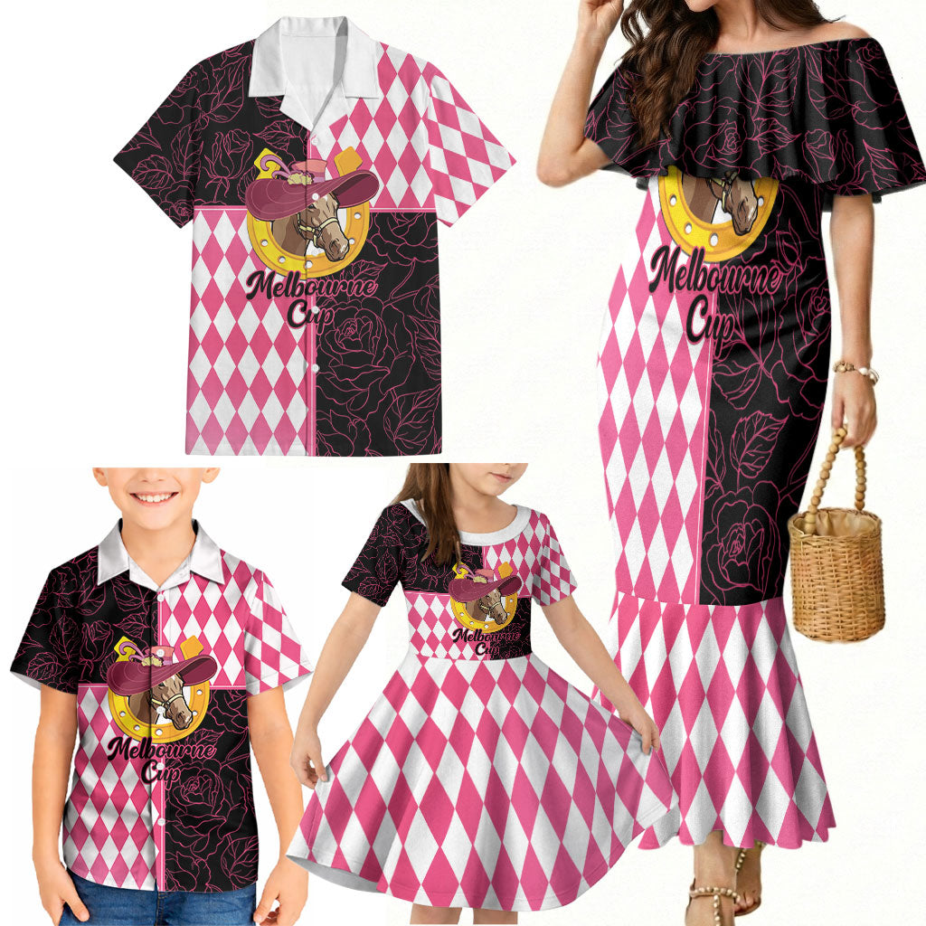 Personalised Melbourne Cup Australia Family Matching Mermaid Dress and Hawaiian Shirt Diamond Horse Racing Silks Inspired Pink