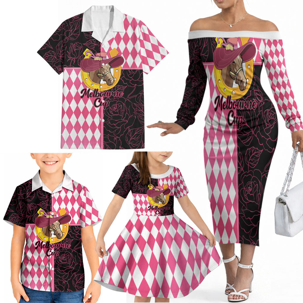 Personalised Melbourne Cup Australia Family Matching Off The Shoulder Long Sleeve Dress and Hawaiian Shirt Diamond Horse Racing Silks Inspired Pink