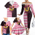 Personalised Melbourne Cup Australia Family Matching Off The Shoulder Long Sleeve Dress and Hawaiian Shirt Diamond Horse Racing Silks Inspired Pink