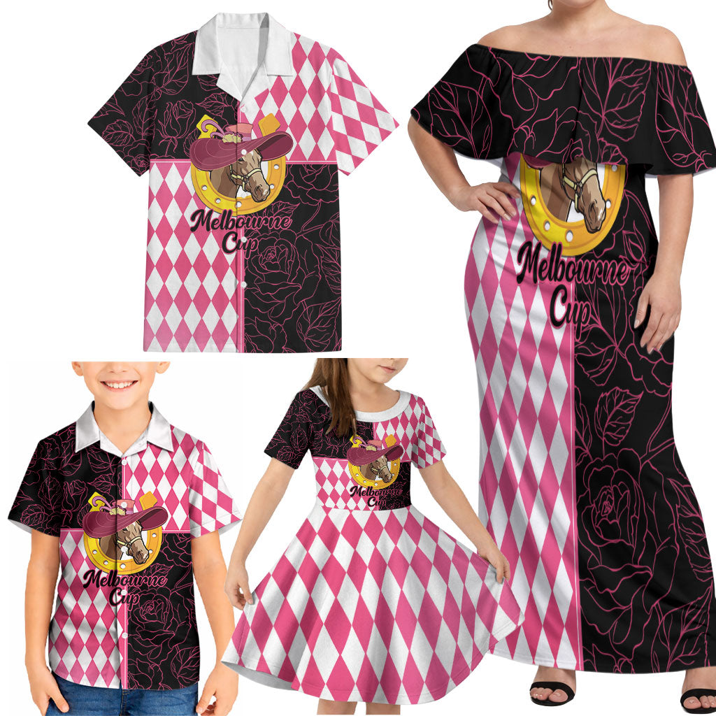 Personalised Melbourne Cup Australia Family Matching Off Shoulder Maxi Dress and Hawaiian Shirt Diamond Horse Racing Silks Inspired Pink