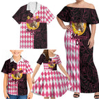 Personalised Melbourne Cup Australia Family Matching Off Shoulder Maxi Dress and Hawaiian Shirt Diamond Horse Racing Silks Inspired Pink