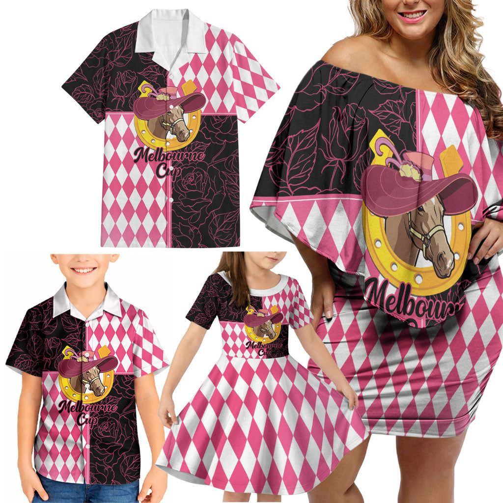 Personalised Melbourne Cup Australia Family Matching Off Shoulder Short Dress and Hawaiian Shirt Diamond Horse Racing Silks Inspired Pink