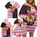 Personalised Melbourne Cup Australia Family Matching Off Shoulder Short Dress and Hawaiian Shirt Diamond Horse Racing Silks Inspired Pink
