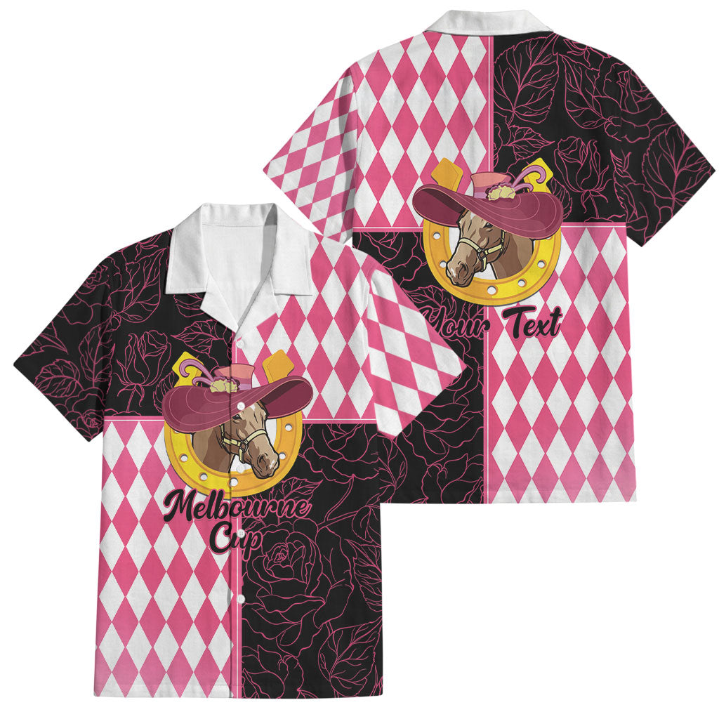 Personalised Melbourne Cup Australia Family Matching Off Shoulder Short Dress and Hawaiian Shirt Diamond Horse Racing Silks Inspired Pink