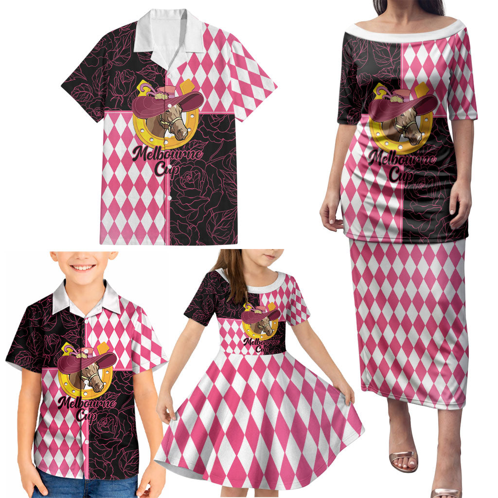 Personalised Melbourne Cup Australia Family Matching Puletasi and Hawaiian Shirt Diamond Horse Racing Silks Inspired Pink