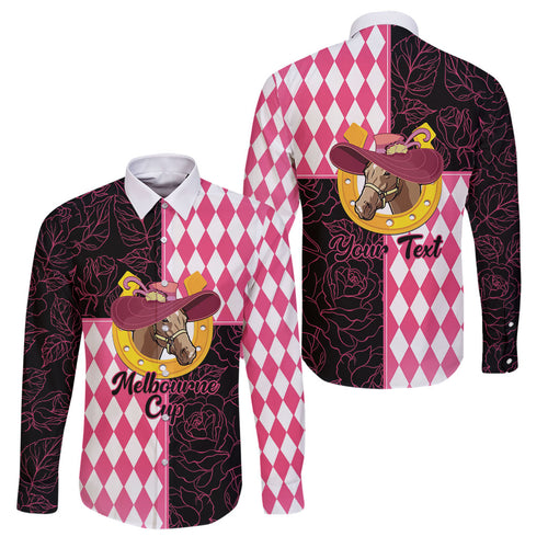 Personalised Melbourne Cup Australia Family Matching Puletasi and Hawaiian Shirt Diamond Horse Racing Silks Inspired Pink
