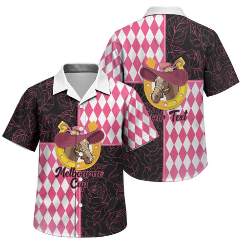 Personalised Melbourne Cup Australia Family Matching Puletasi and Hawaiian Shirt Diamond Horse Racing Silks Inspired Pink