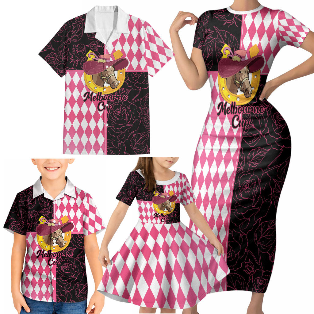 Personalised Melbourne Cup Australia Family Matching Short Sleeve Bodycon Dress and Hawaiian Shirt Diamond Horse Racing Silks Inspired Pink