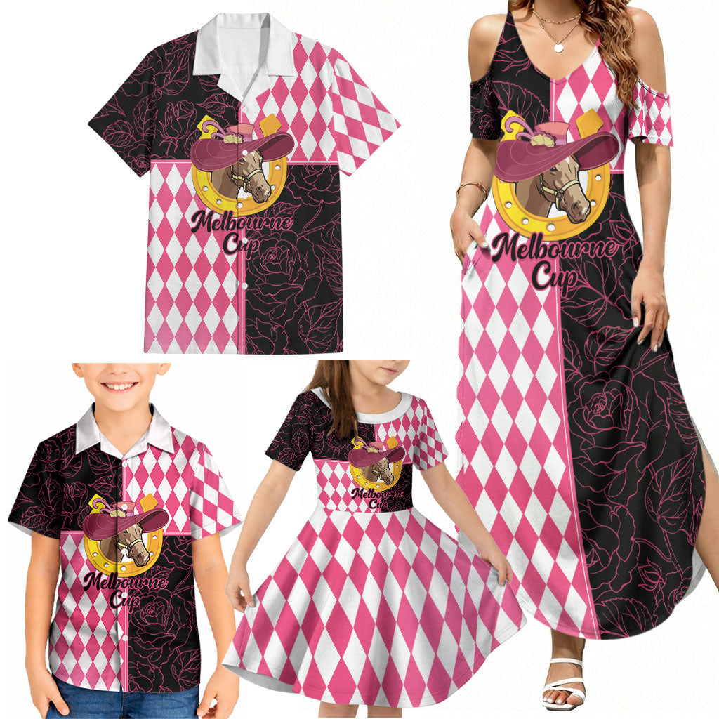 Personalised Melbourne Cup Australia Family Matching Summer Maxi Dress and Hawaiian Shirt Diamond Horse Racing Silks Inspired Pink