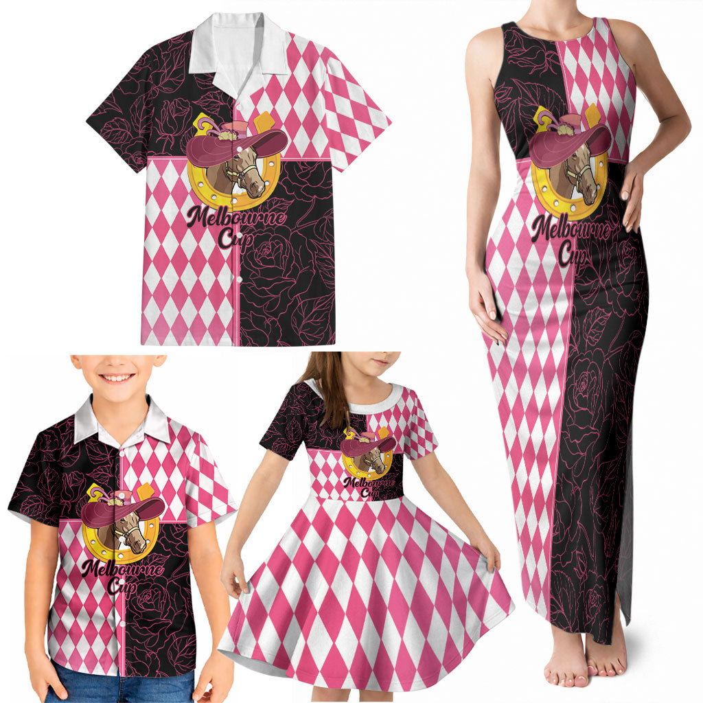 Personalised Melbourne Cup Australia Family Matching Tank Maxi Dress and Hawaiian Shirt Diamond Horse Racing Silks Inspired Pink