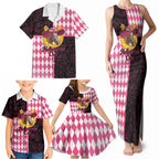 Personalised Melbourne Cup Australia Family Matching Tank Maxi Dress and Hawaiian Shirt Diamond Horse Racing Silks Inspired Pink