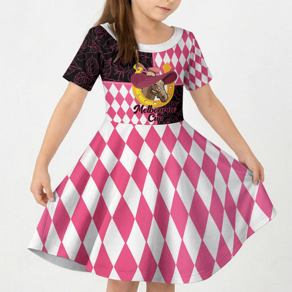 Personalised Melbourne Cup Australia Kid Short Sleeve Dress Diamond Horse Racing Silks Inspired Pink