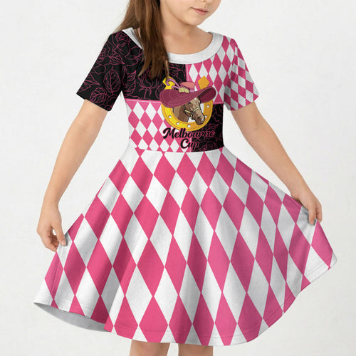 Personalised Melbourne Cup Australia Kid Short Sleeve Dress Diamond Horse Racing Silks Inspired Pink