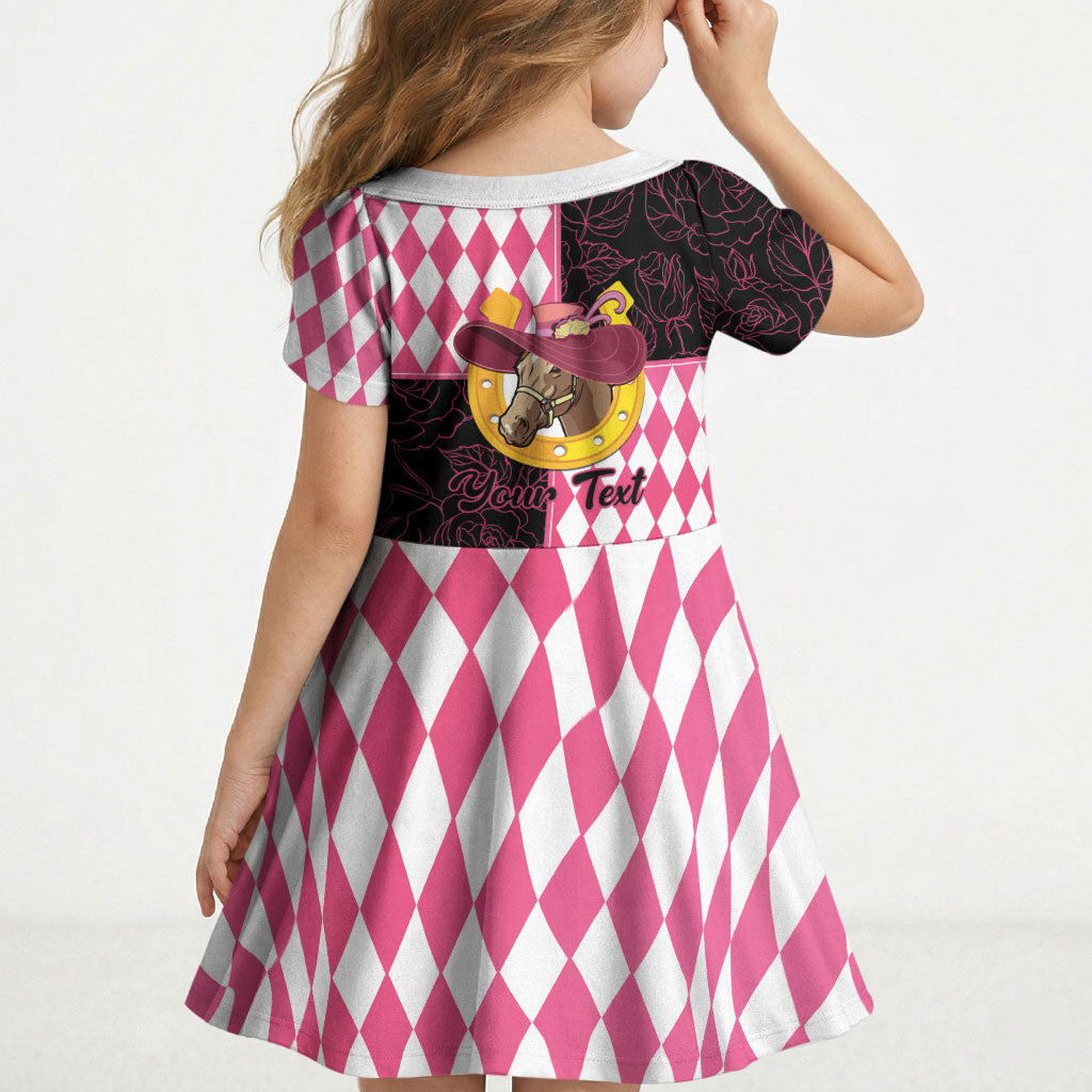 Personalised Melbourne Cup Australia Kid Short Sleeve Dress Diamond Horse Racing Silks Inspired Pink