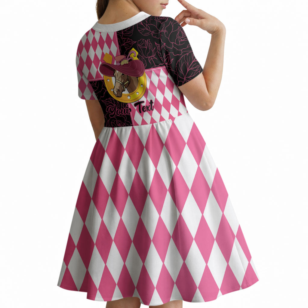 Personalised Melbourne Cup Australia Kid Short Sleeve Dress Diamond Horse Racing Silks Inspired Pink