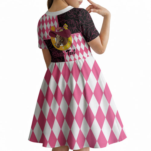 Personalised Melbourne Cup Australia Kid Short Sleeve Dress Diamond Horse Racing Silks Inspired Pink