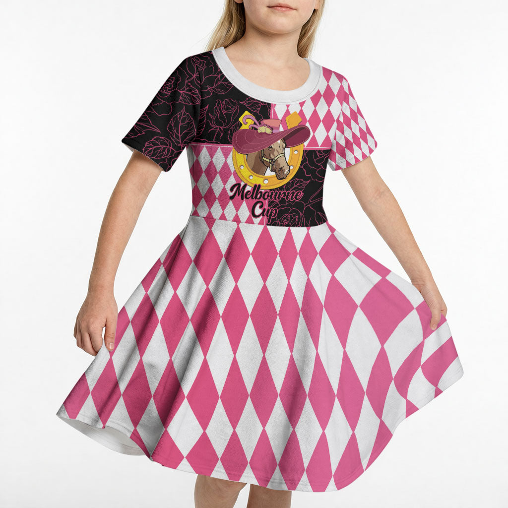 Personalised Melbourne Cup Australia Kid Short Sleeve Dress Diamond Horse Racing Silks Inspired Pink