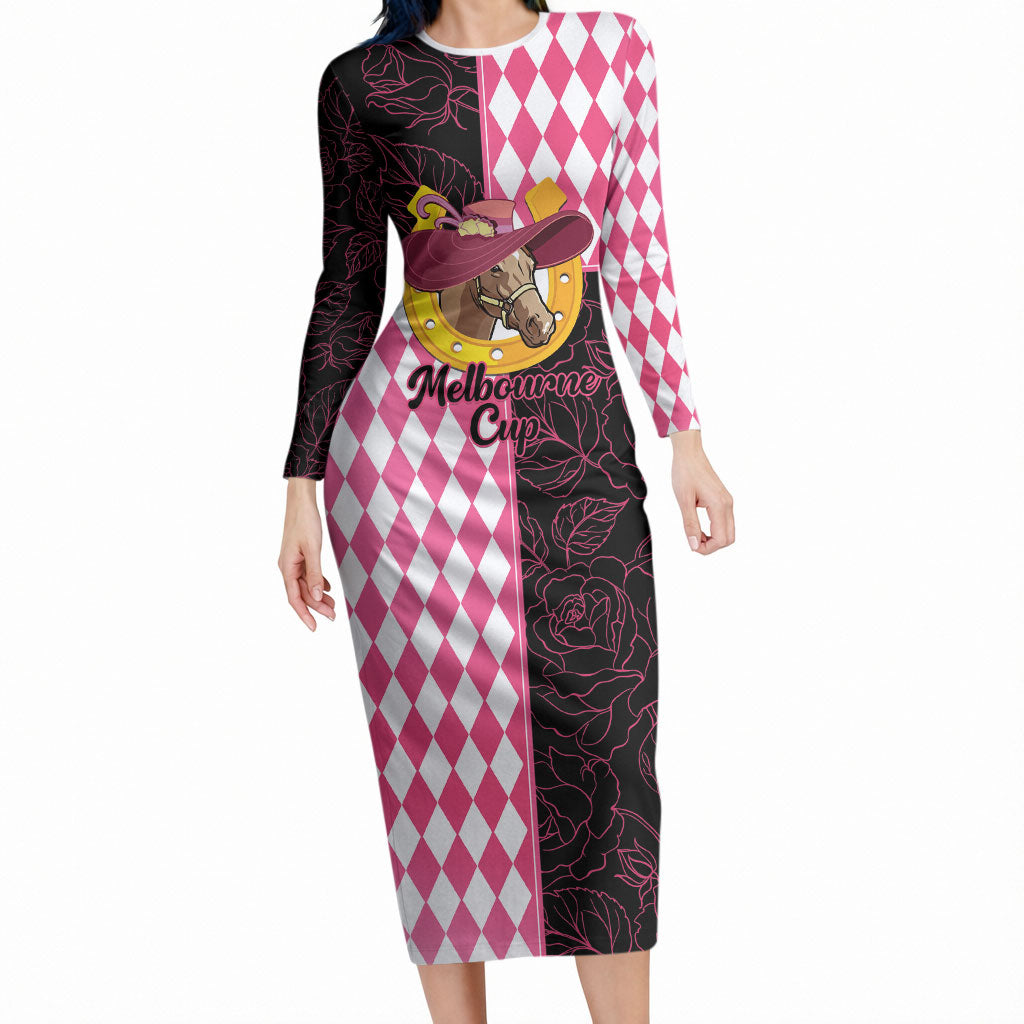 Personalised Melbourne Cup Australia Long Sleeve Bodycon Dress Diamond Horse Racing Silks Inspired Pink