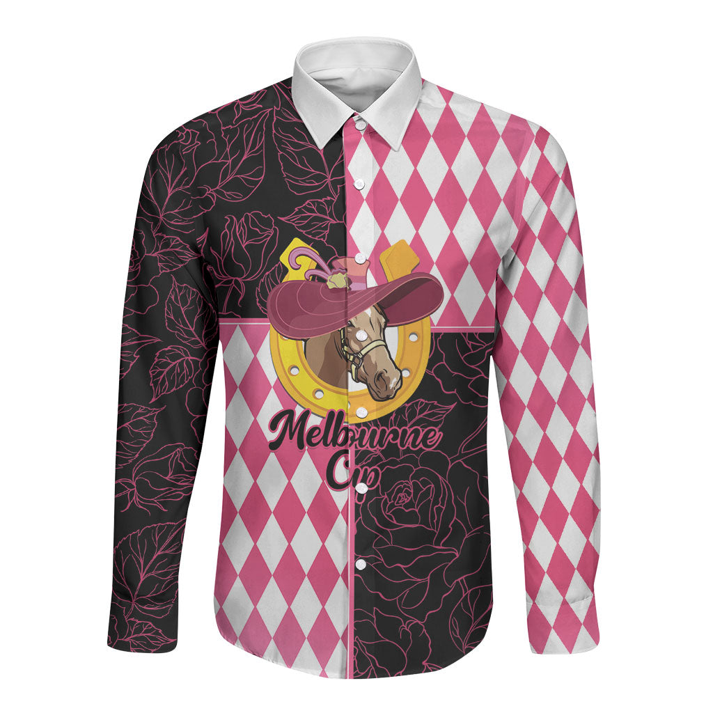 Personalised Melbourne Cup Australia Long Sleeve Button Shirt Diamond Horse Racing Silks Inspired Pink