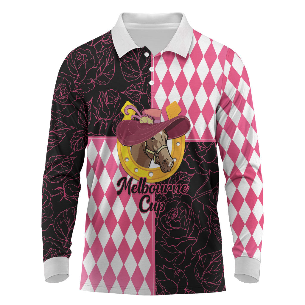 Personalised Melbourne Cup Australia Long Sleeve Polo Shirt Diamond Horse Racing Silks Inspired Pink