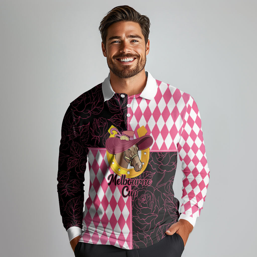 Personalised Melbourne Cup Australia Long Sleeve Polo Shirt Diamond Horse Racing Silks Inspired Pink