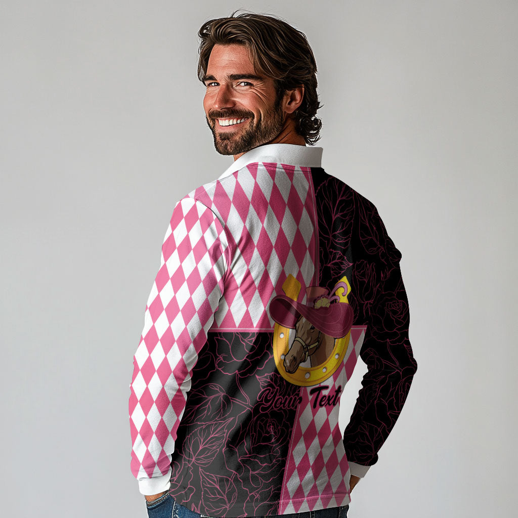 Personalised Melbourne Cup Australia Long Sleeve Polo Shirt Diamond Horse Racing Silks Inspired Pink