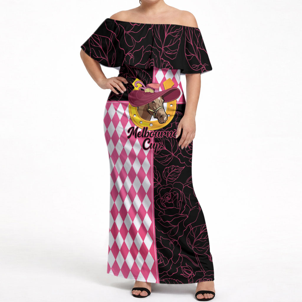 Personalised Melbourne Cup Australia Off Shoulder Maxi Dress Diamond Horse Racing Silks Inspired Pink