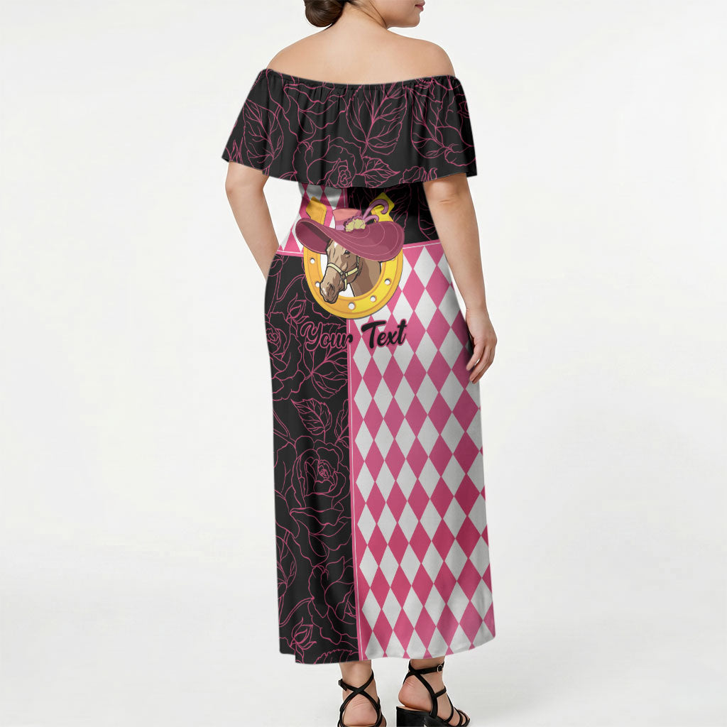 Personalised Melbourne Cup Australia Off Shoulder Maxi Dress Diamond Horse Racing Silks Inspired Pink