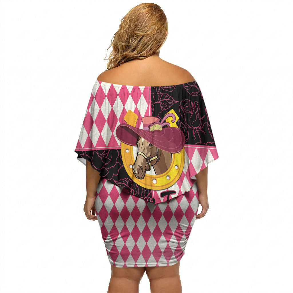 Personalised Melbourne Cup Australia Off Shoulder Short Dress Diamond Horse Racing Silks Inspired Pink