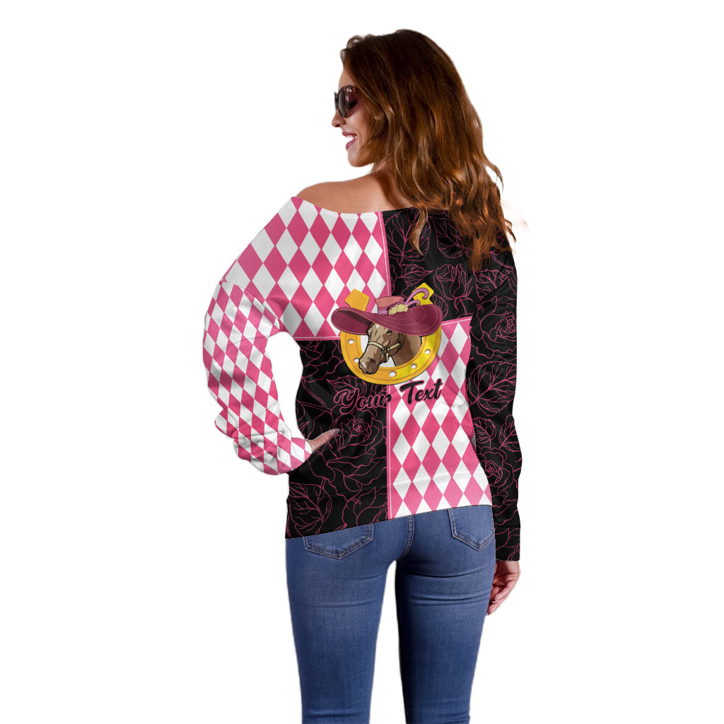 Personalised Melbourne Cup Australia Off Shoulder Sweater Diamond Horse Racing Silks Inspired Pink