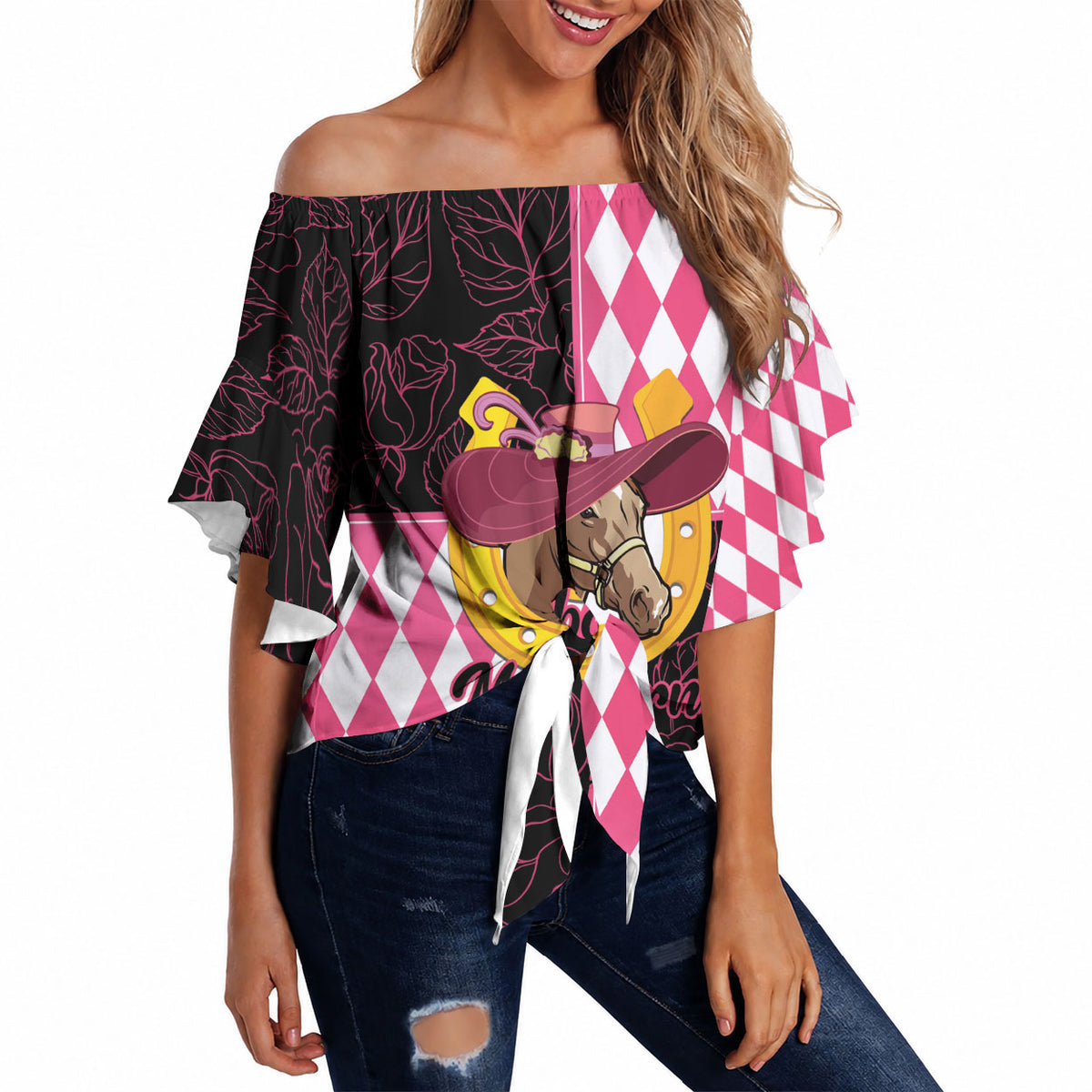 Personalised Melbourne Cup Australia Off Shoulder Wrap Waist Top Diamond Horse Racing Silks Inspired Pink