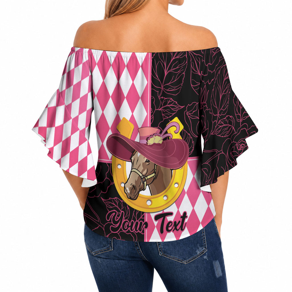 Personalised Melbourne Cup Australia Off Shoulder Wrap Waist Top Diamond Horse Racing Silks Inspired Pink