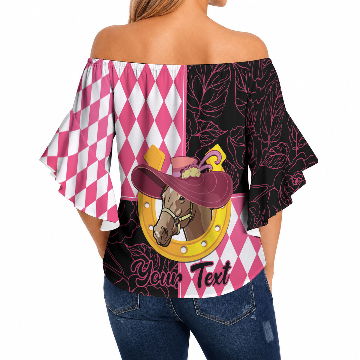 Personalised Melbourne Cup Australia Off Shoulder Wrap Waist Top Diamond Horse Racing Silks Inspired Pink