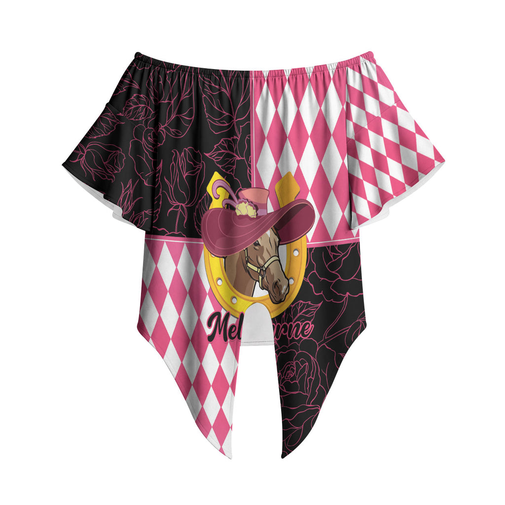 Personalised Melbourne Cup Australia Off Shoulder Wrap Waist Top Diamond Horse Racing Silks Inspired Pink