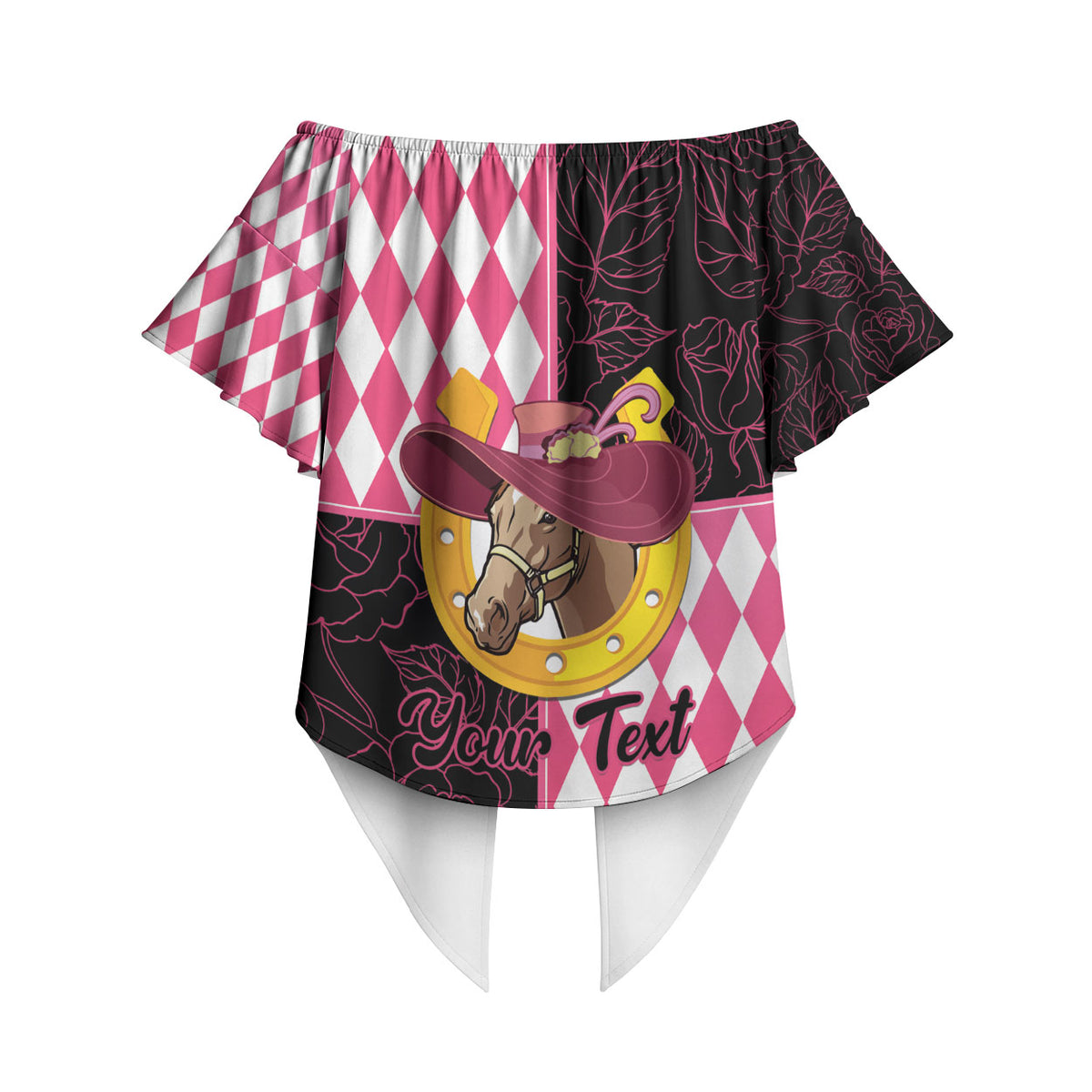 Personalised Melbourne Cup Australia Off Shoulder Wrap Waist Top Diamond Horse Racing Silks Inspired Pink
