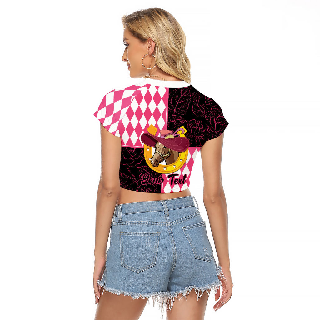 Personalised Melbourne Cup Australia Raglan Cropped T Shirt Diamond Horse Racing Silks Inspired Pink