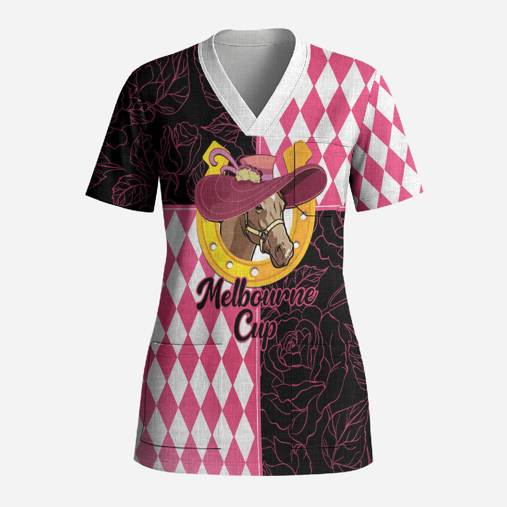 Personalised Melbourne Cup Australia Scrub Top Diamond Horse Racing Silks Inspired Pink