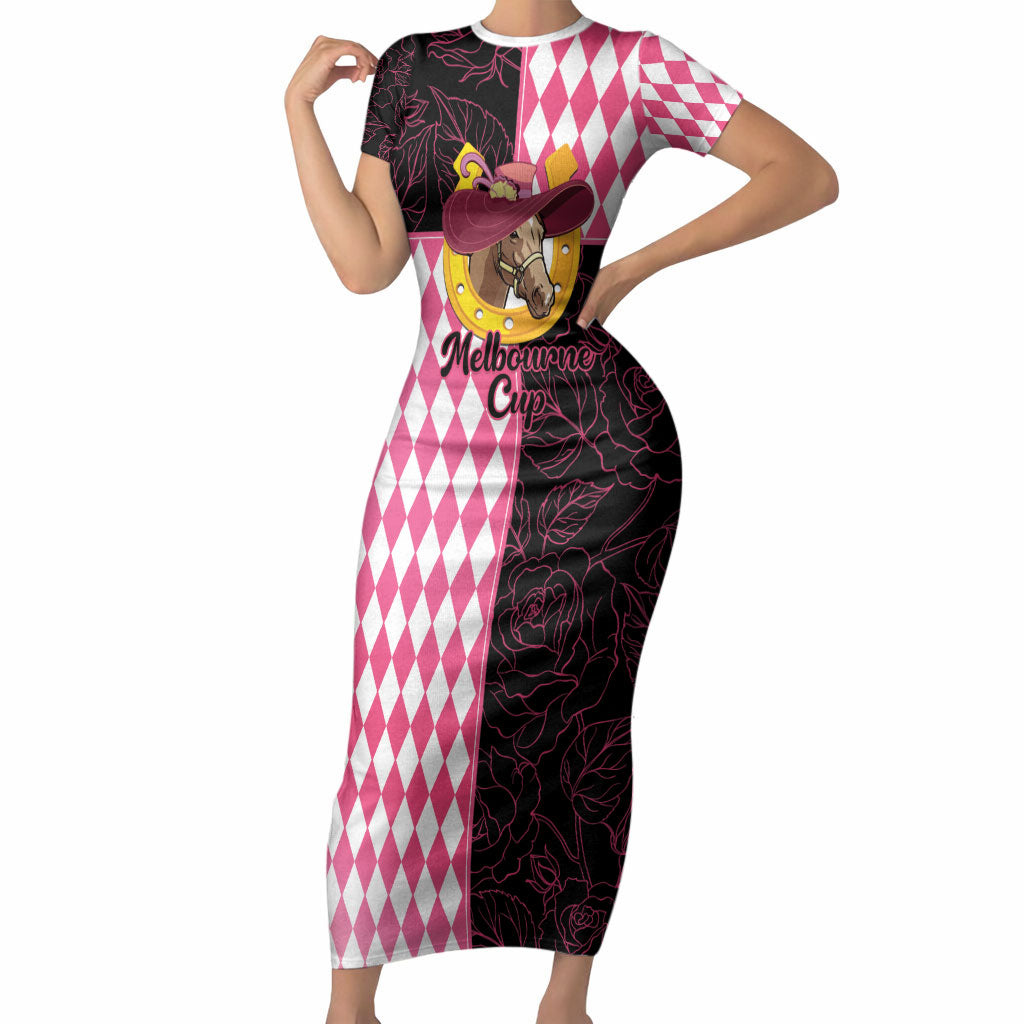 Personalised Melbourne Cup Australia Short Sleeve Bodycon Dress Diamond Horse Racing Silks Inspired Pink