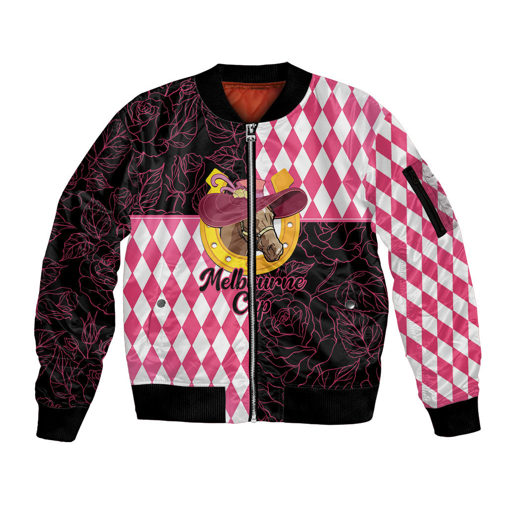 Personalised Melbourne Cup Australia Sleeve Zip Bomber Jacket Diamond Horse Racing Silks Inspired Pink