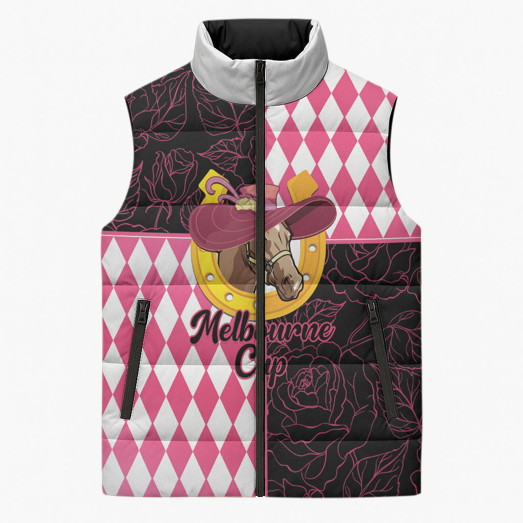 Personalised Melbourne Cup Australia Sleeveless Puffer Jacket Diamond Horse Racing Silks Inspired Pink